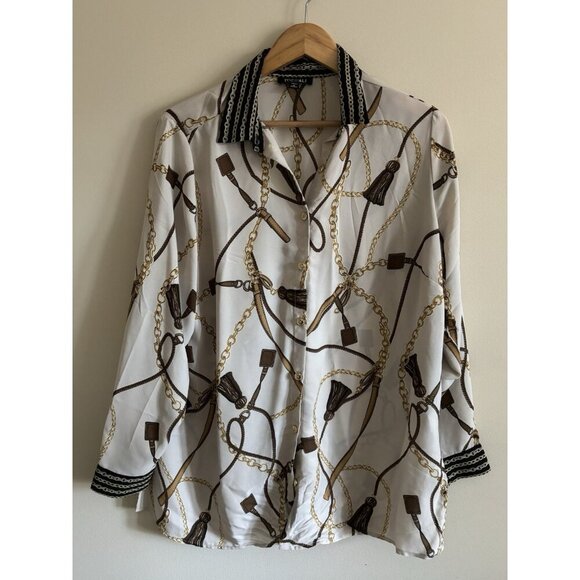 Roz and Ali Womans Button Down Blouse SZ 1X Equestrian Western Print Brown Beige - Picture 1 of 10